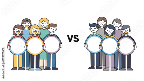 Visual comparison of two different groups of people separated by a versus symbol to represent competition or demographic analysis.
