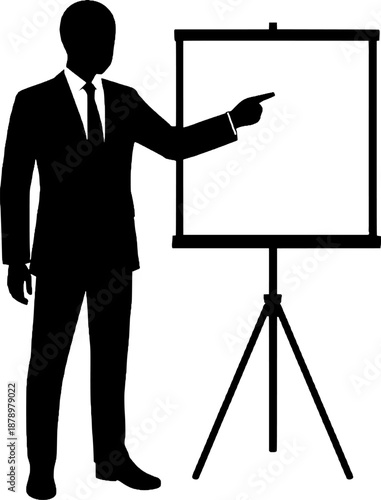 Businessman Silhouette Giving Presentation with Blank Whiteboard or Flipchart