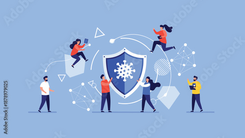 Protective blue shield with a white virus icon in the center surrounded by people representing healthcare safety and defense.