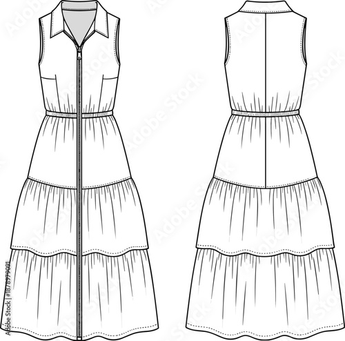 Women sleeveless tiered maxi dress CAD drawing, flat vector illustration, front and back view technical fashion sketch isolated on white background apparel