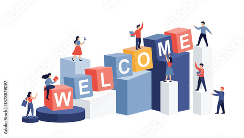 Team of colorful characters working together to stack giant blocks spelling out the word welcome for an inviting atmosphere.