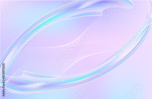 3D render of an abstract nature landscape featuring a transparent glossy glass ribbon floating on water. Holographic curved wave in dynamic motion with iridescent gradient reflections. Modern minimal 