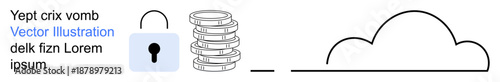 Cloud computing, data security, encryption, online storage, confidentiality, digital safety. Padlock securing server stack and cloud icon. Cloud computing and data security concept