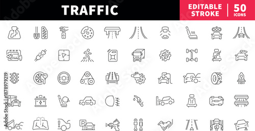 Traffic editable line icons set: road and transport symbols