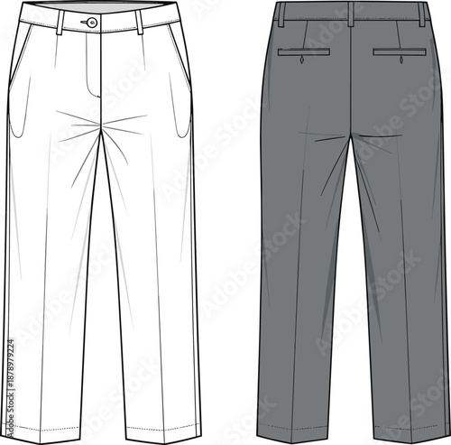 Women tailored trousers CAD drawing, flat vector illustration, front and back view pants design, technical fashion sketch isolated on white background