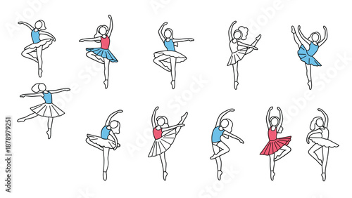 Collection of small line drawings of ballerinas performing various classical ballet poses and movements in colorful tutus.