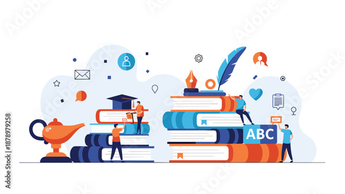 Education concept with small people reading and climbing giant stacks of books decorated with graduation caps and academic icons.