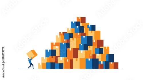 Silhouette of a single person pushing a large orange box into a massive pyramid shaped pile of multicolored cardboard boxes.