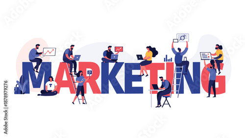 Diverse group of creative professionals working together with laptops and devices on the large letters of the word marketing.