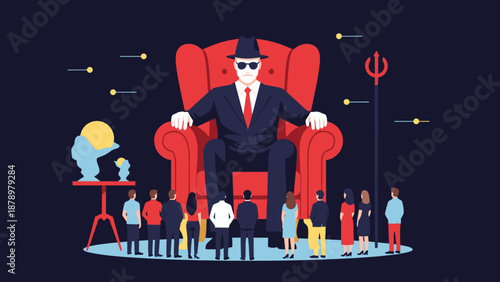 Giant boss figure sitting in a red armchair with many small people standing before him in a dark space with floating lights.