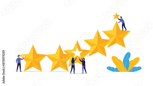Team of people collaborating to lift and place a large gold star to complete a five star rating for quality and excellence.