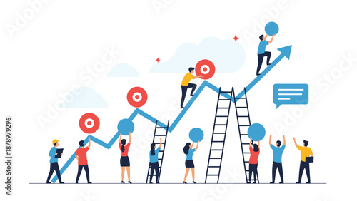 Group of people collaborating and using ladders to place targets on a rising line graph representing business growth and success.