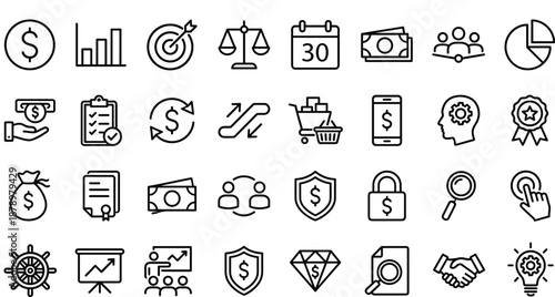 Business, finance and e-commerce outline icons featuring money, growth chart, shopping cart, calendar, handshake, cloud, padlock and megaphone symbols