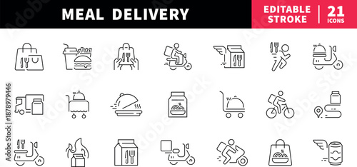 Meal delivery editable line icons set. food and courier symbols