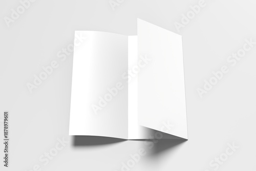 Minimalist tri-fold brochure template on a light grey background with shadows.