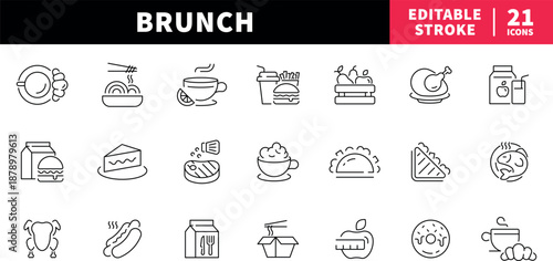 Brunch essentials editable line icons set. breakfast and meal symbols