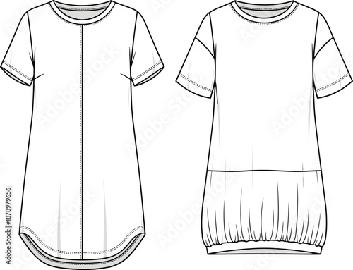 Women tunic dress CAD drawing, flat vector illustration, front and back view mockup isolated on white background for apparel design, fashion branding, technical development