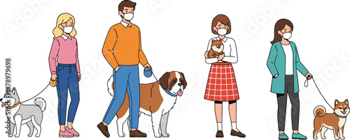 People Wearing Medical Face Masks Walking with Different Dog Breeds During Pandemic Social Distancing Concept Flat Vector Illustration on White