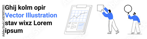 Clipboard featuring data charts and graphs with two individuals engaging in communication, holding objects. Ideal for teamwork, analytics, data sharing, communication, planning, growth, and a simple