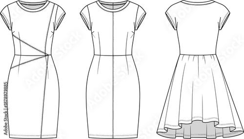 Women's dress CAD drawing, flat vector illustration, front, back and side views mockup isolated on white background for apparel design, fashion branding, technical development