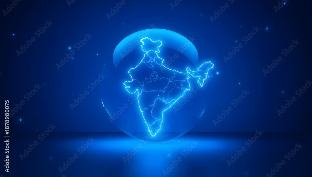 Fototapeta premium Neon outline of India inside a glowing blue sphere against a dark blue background with scattered lights