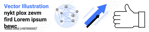 Technology, growth, success, communication, online networks, symbols. A network diagram, upward blue arrow and thumbs-up icon. Technology and growth concept for online communication and success