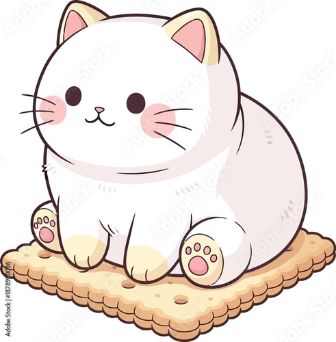 A sweet adorable little kitten sitting on a large scalloped biscuit with pink accents illustration vector art