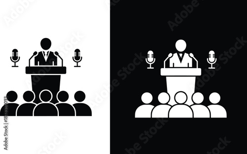 Public Speaking Icon Set Featuring Speaker at Podium with Microphones Addressing Audience for Business Conference Seminar Press Briefing Political Speech Workshop and Keynote Presentation
