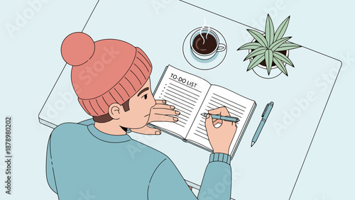 Young person wearing beanie and sweater contemplates writing in a open notebook with pen at a table with coffee cup and potted plant overhead view