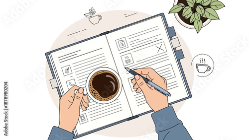 Overhead view of hands writing in a planner with a cup of coffee and plant on a desk top down perspective