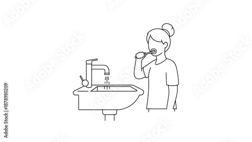 Person brushing teeth at bathroom sink hygiene routine morning healthy dental care with running water from faucet modern style simple line art clean