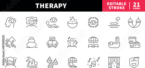 Therapy editable line icons set: wellness and relaxation symbols collection