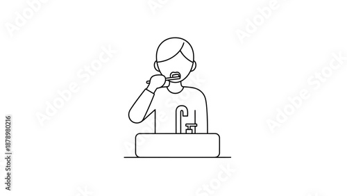 Line drawing of a person brushing teeth at a sink with a faucet in a simple minimalist style representing daily hygiene routine