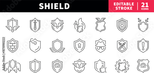 Shield security editable line icons set. protection and defense symbols