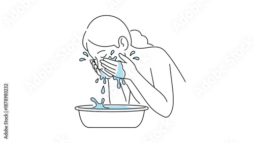 Person washing face with clean water in a simple line art drawing depicting daily hygiene routine for healthy skin care and freshness concept