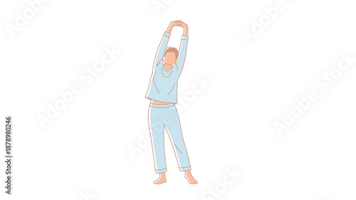 Young adult person in pale blue pajamas stretching arms overhead after waking up in the morning to greet the day with gentle movement for wellness