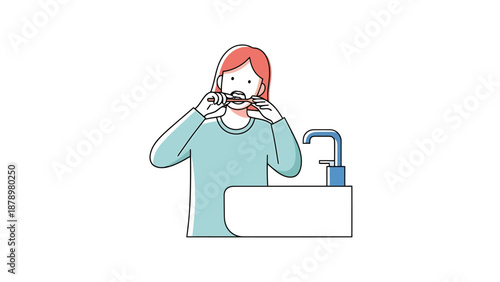 Person Brushing Teeth Morning Routine Hygiene Dental Care Health Wellness Activity Clean Face Woman Sink Faucet Water Background White