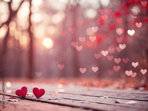 A romantic scene with floating hearts and a wooden surface in focus