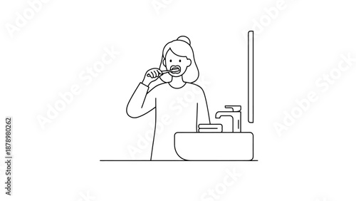 Woman brushing teeth in front of bathroom mirror with sink faucet and soap hygiene routine daily cleansing self care morning or evening personal