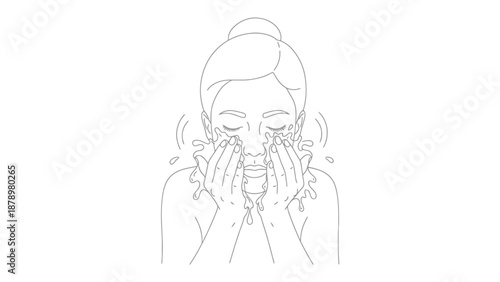 Woman washing face with water splashing on skin for facial cleansing routine in simple line art style on white background