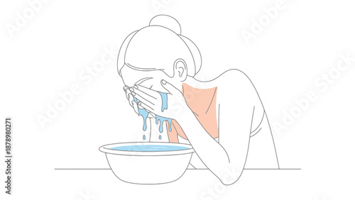 Woman splashing water on face for cleansing and rejuvenation with clean hygiene routine