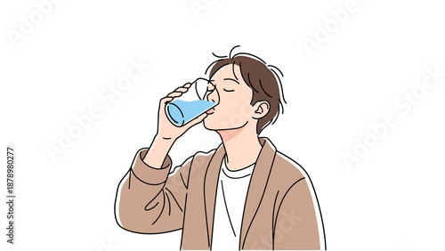 Young Man Drinking Water From A Glass For Refreshment And Hydration Healthy Lifestyle Concept Isolated On White Background