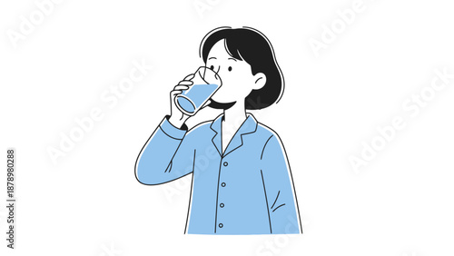 Young Woman Wearing Blue Pajamas Drinks Clear Water from a Glass on a White Background Simple Line Art Style