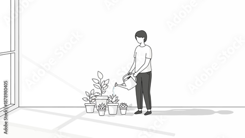 Person tending to a group of potted plants with a watering can indoors near a window casting shadows with light