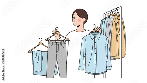 Young person choosing an outfit from a clothing rack with various garments for daily fashion decision