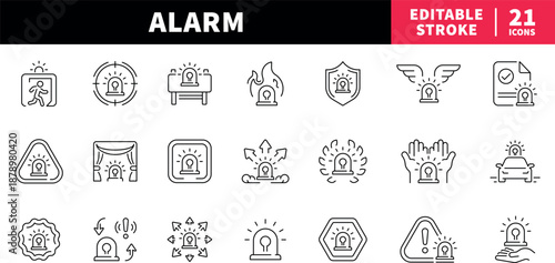 Alarm editable line icons set. alert and safety symbols