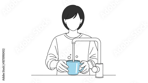Person filling blue mug with water from kitchen faucet for refreshment and hydration concept
