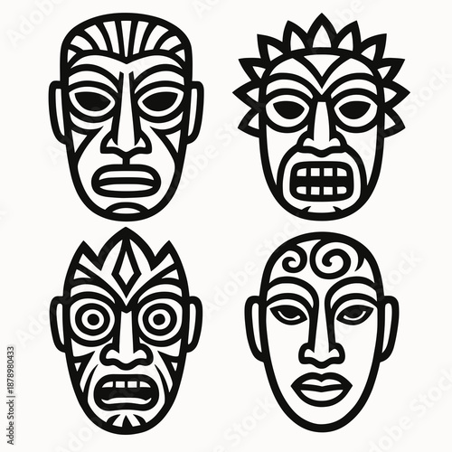 Tribal mask designs featuring expressive faces, line art illustration, copy space
