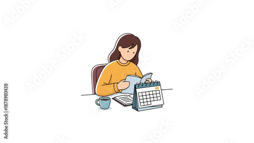 Woman sitting at desk reading document with calendar and coffee cup nearby for planning and organizing tasks
