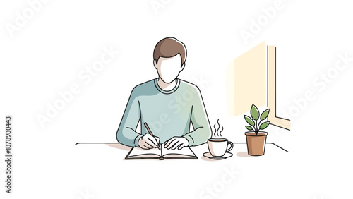 Person Sitting At Desk Writing In Open Book With Coffee Cup And Plant On Table